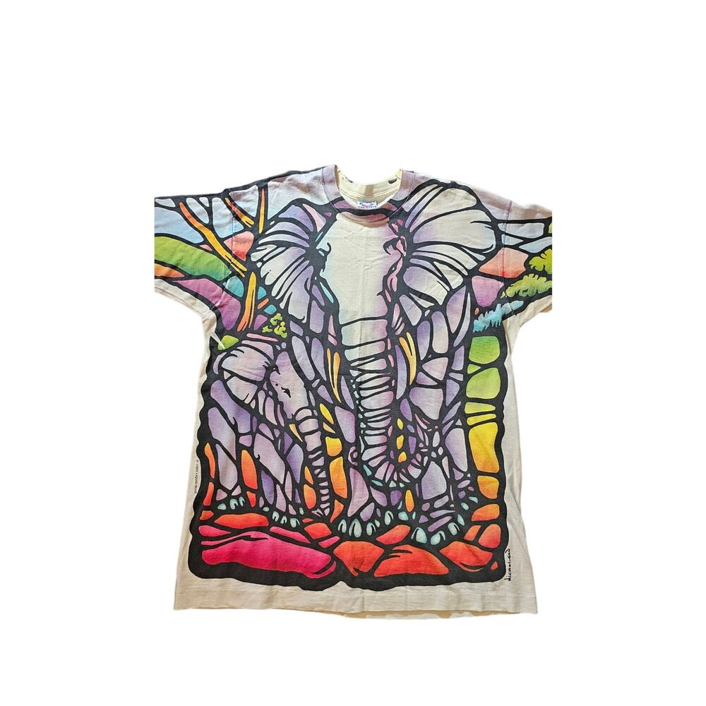 Vintage 1993 Single Stitch Liquid Blue Elephant stained glass mosaic size XL USA